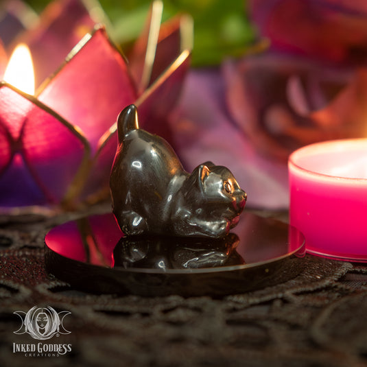 Obsidian Stretching Cat for Playful Protection
