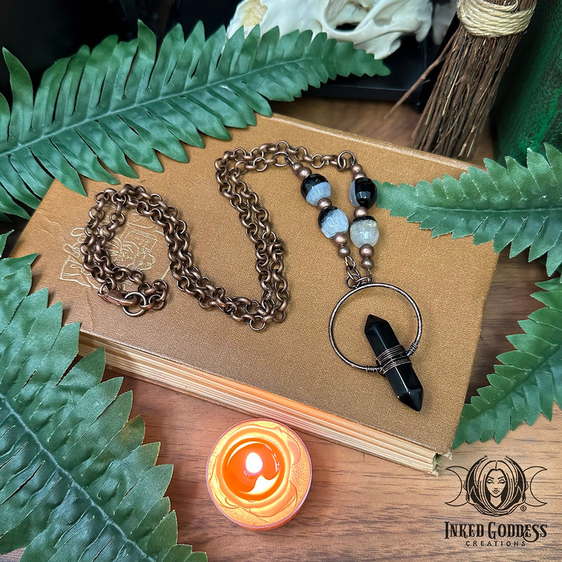 Load image into Gallery viewer, Obsidian Point, Black and White Agate, and Copper Necklace - Handmade by Morgan
