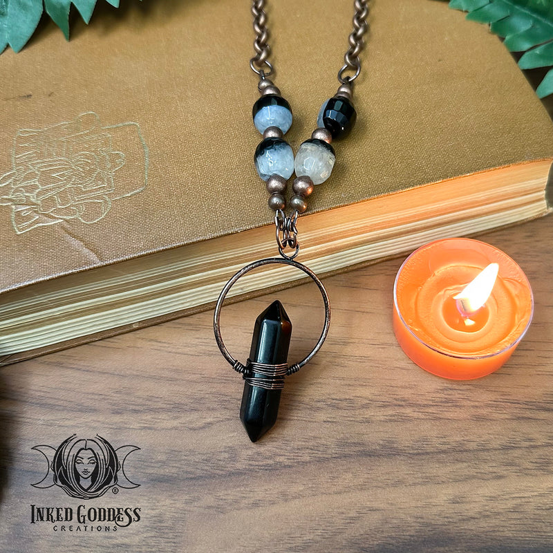 Load image into Gallery viewer, Obsidian Point, Black and White Agate, and Copper Necklace - Handmade by Morgan

