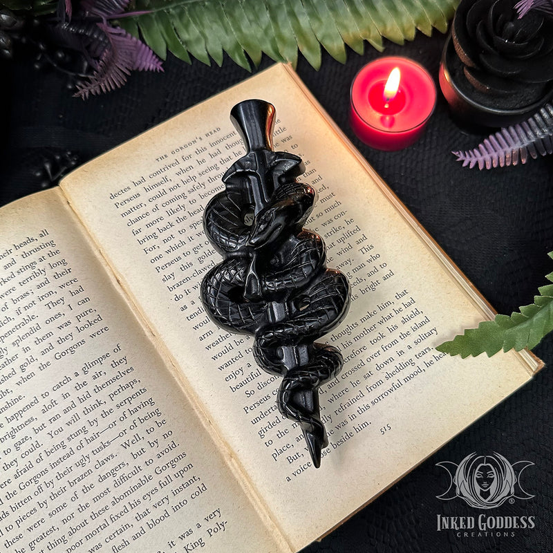 Load image into Gallery viewer, Obsidian Snake Athame for Cutting Through Limitations
