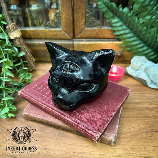 Obsidian Carved Third Eye Cat - Misfit - Chipped Right Ear