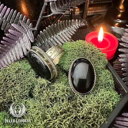 Obsidian Tibetan Scrying Adjustable Ring for Protected Psychic Readings