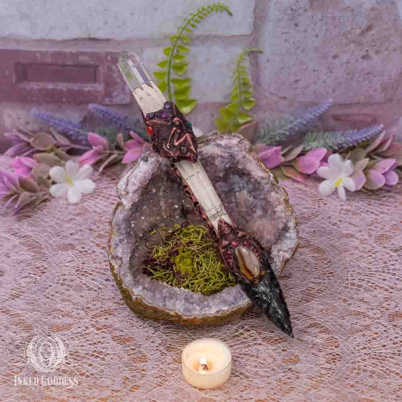 Load image into Gallery viewer, Obsidian &amp; Quartz Handmade Clay Wand- OOAK
