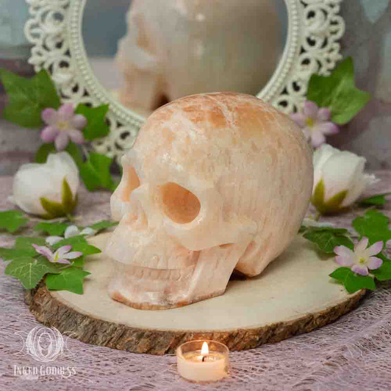 Load image into Gallery viewer, Orange Selenite Large Skull for Fiery Banishing Work
