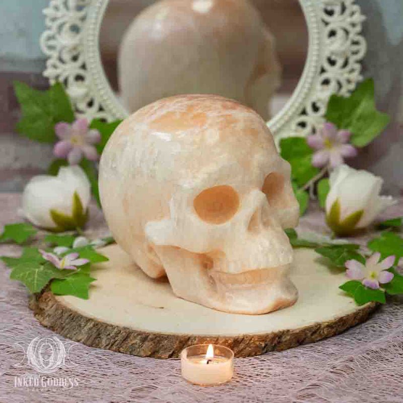 Load image into Gallery viewer, Orange Selenite Large Skull for Fiery Banishing Work
