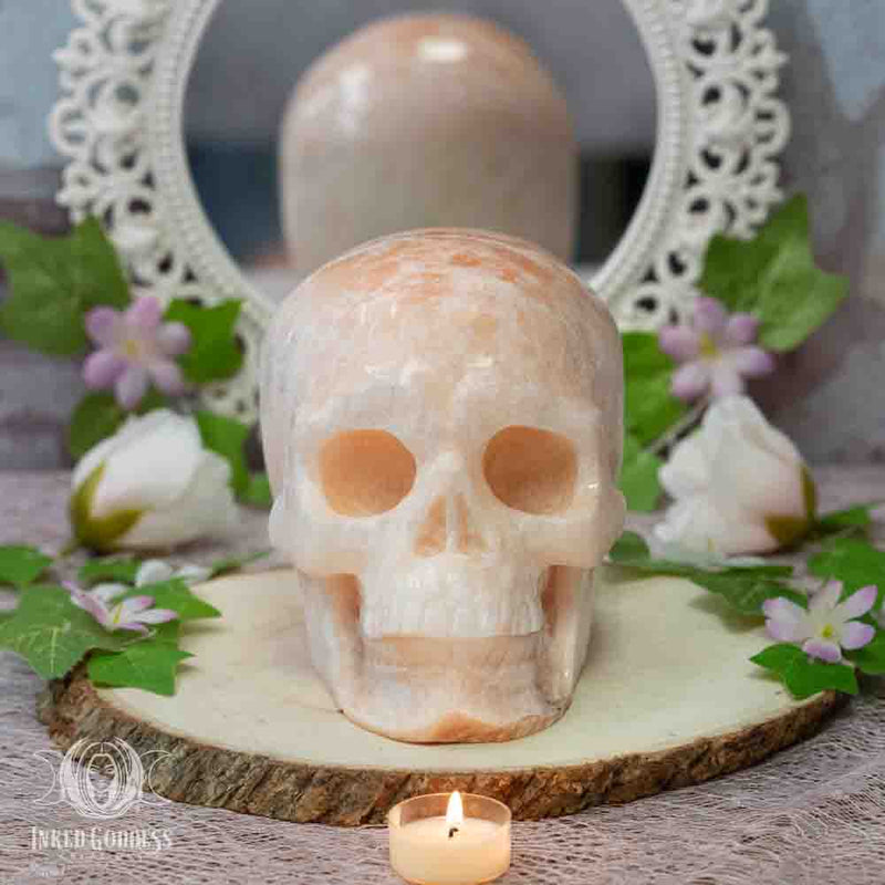 Load image into Gallery viewer, Orange Selenite Large Skull for Fiery Banishing Work
