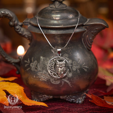 Owl on Celtic Moon Sterling Silver Necklace for Wisdom