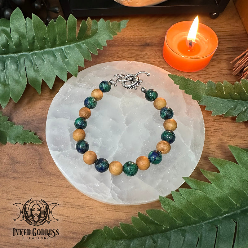 Load image into Gallery viewer, Parrot Wing Chrysocolla &amp; Sandalwood Bracelet - Handmade by Colin, One-of-a-Kind
