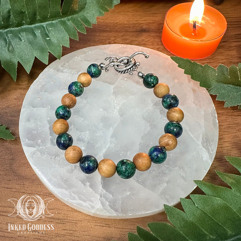Load image into Gallery viewer, Parrot Wing Chrysocolla &amp; Sandalwood Bracelet - Handmade by Colin, One-of-a-Kind
