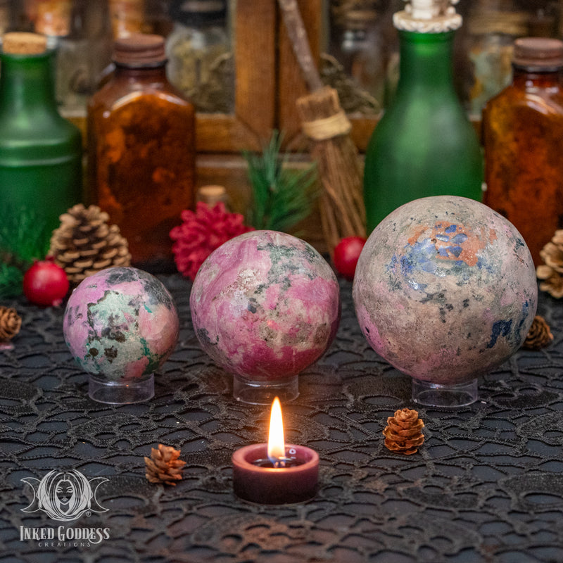 Load image into Gallery viewer, Pink Cobalto Calcite with Azurite &amp; Malachite Sphere for Self-Love
