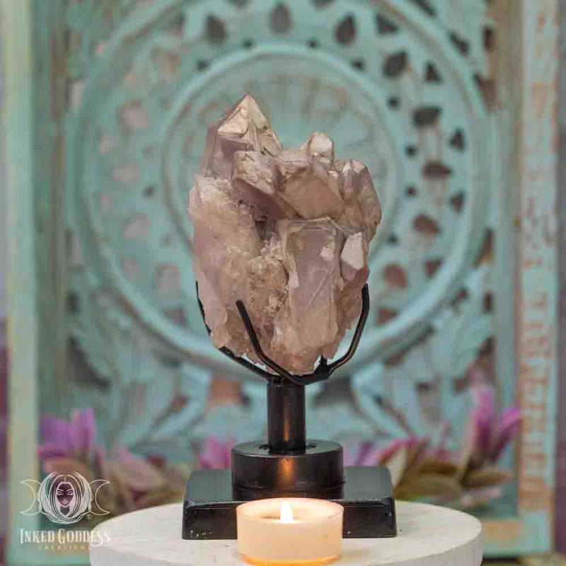 Load image into Gallery viewer, Pink Lithium Quartz Cluster on Stand for Go-With-The-Flow Energy
