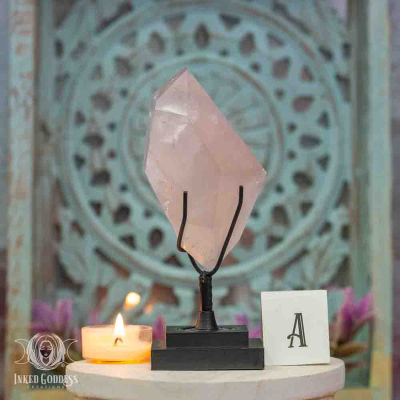 Load image into Gallery viewer, Pink Lithium Quartz Point on Stand for Banishing Anxiety
