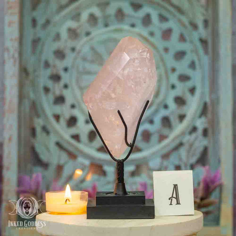 Load image into Gallery viewer, Pink Lithium Quartz Point on Stand for Banishing Anxiety

