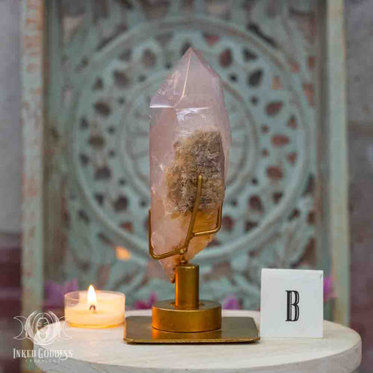 Pink Lithium Quartz Point on Stand for Banishing Anxiety
