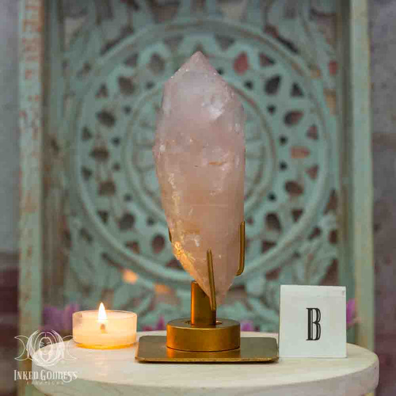 Load image into Gallery viewer, Pink Lithium Quartz Point on Stand for Banishing Anxiety
