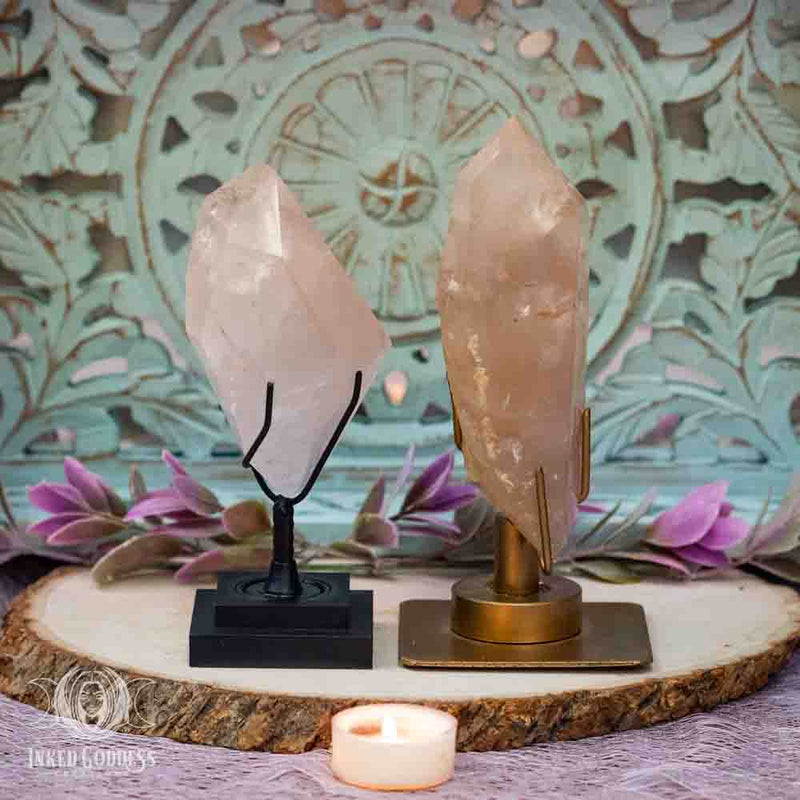 Load image into Gallery viewer, Pink Lithium Quartz Point on Stand for Banishing Anxiety
