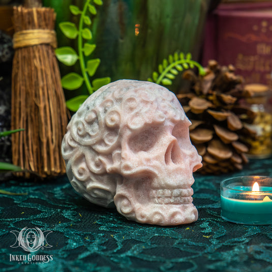 Pink Opal Etched Skull for Pastel Goth Vibes