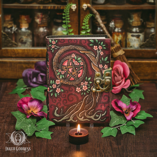 Pink Pentacle Tree Leather Journal for Magickal Notes
