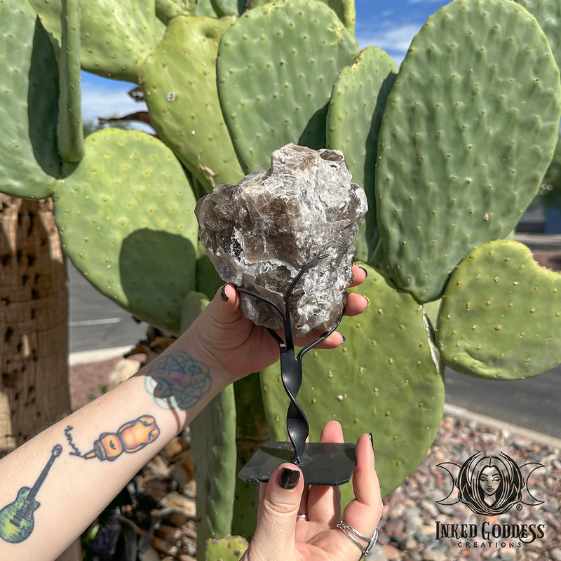 Load image into Gallery viewer, Pink Tourmaline in Smoky Quartz Elestial on Stand for Elevated Consciousness
