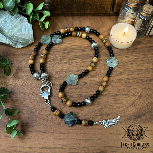 Prehnite, Black Agate, Tibetan Jasper, Sandalwood Lariat Necklace - Handmade by Colin, One of a Kind
