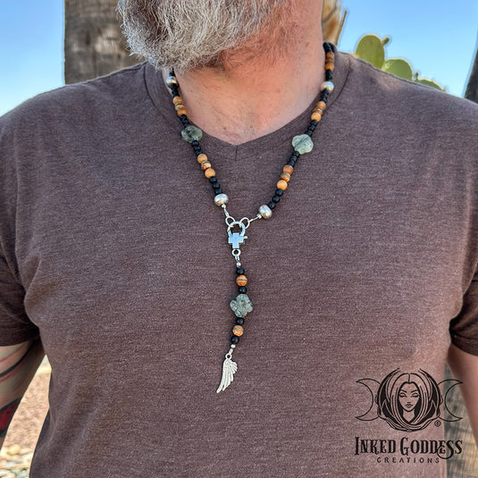 Prehnite, Black Agate, Tibetan Jasper, Sandalwood Lariat Necklace - Handmade by Colin, One of a Kind