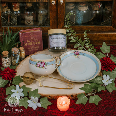 Purple Flower with Yellow Trim Vintage Tea Cup Set for Magickal Energy