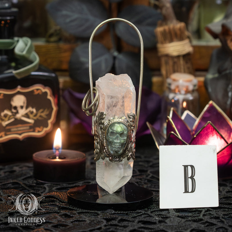 Load image into Gallery viewer, Lemurian Quartz Point with Labradorite Skull Tibetan Necklace
