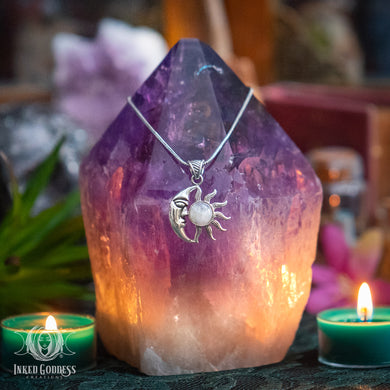 Rainbow Moonstone Sun and Moon Sterling Silver Necklace for Divine Balance