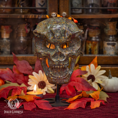 Rainforest Jasper Mask with Stand for Past Life Connection