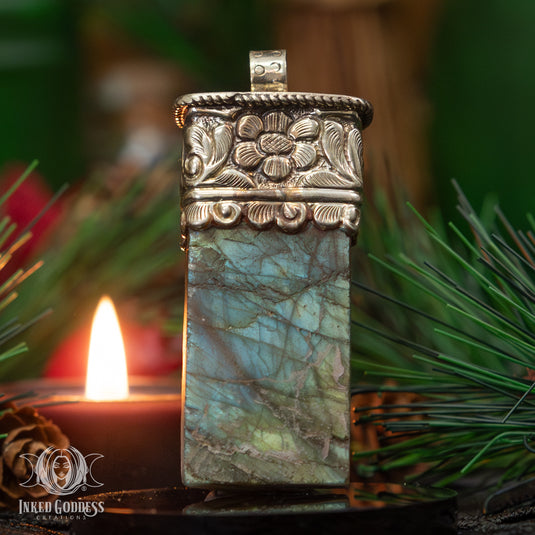 Raw Labradorite Slab with Labradorite Teardrop Tibetan Necklace for Powerful Magick 