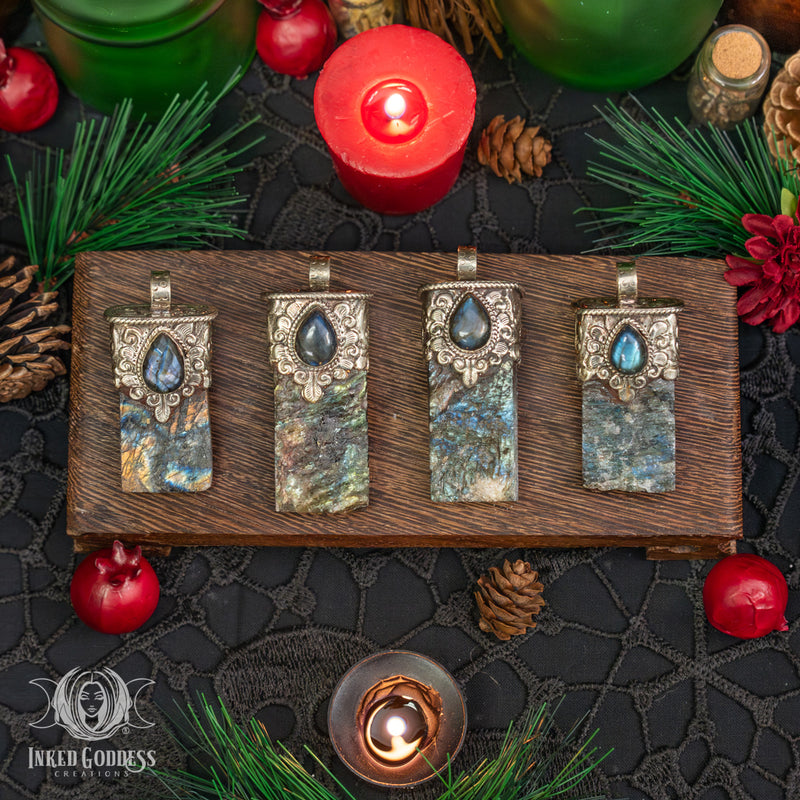 Load image into Gallery viewer, Raw Labradorite Slab with Labradorite Teardrop Tibetan Necklace for Powerful Magick 
