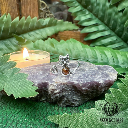 Red Amber Cat Sterling Silver Adjustable Ring for Witchy Self-Confidence