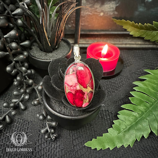 Red Rose Dahlia Turquoise Sterling Silver Necklace for Hexy Witch Vibes
