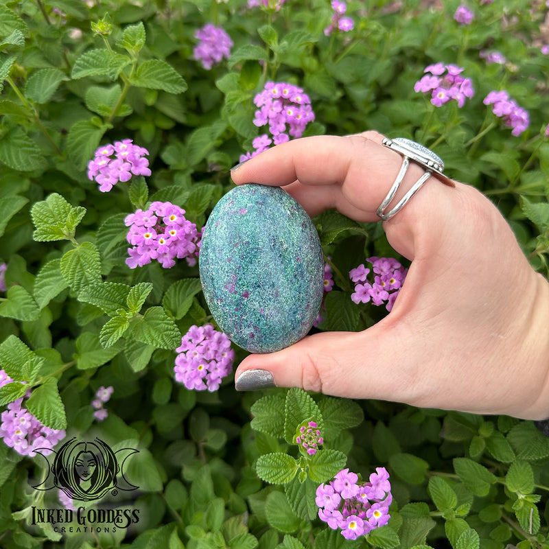 Load image into Gallery viewer, Ruby Kyanite with Fuchsite Palmstone for Spiritual Healing &amp; Stress Relief
