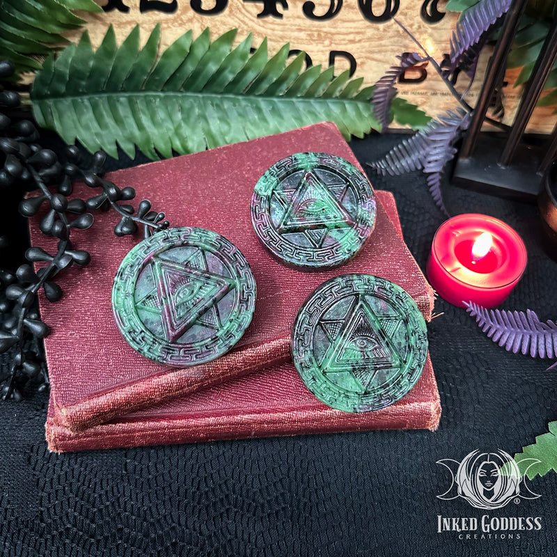 Load image into Gallery viewer, Ruby Zoisite Eye of Providence Coin for Shadow Work Protection
