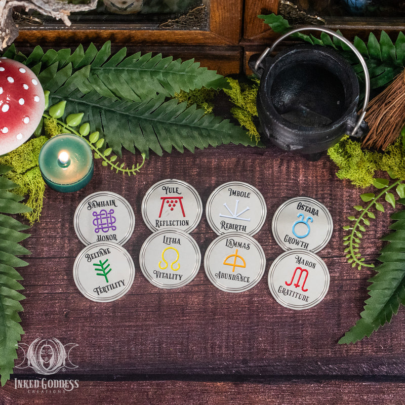 Load image into Gallery viewer, Sabbat Coin Set of 8 for Wheel of the Year Magick
