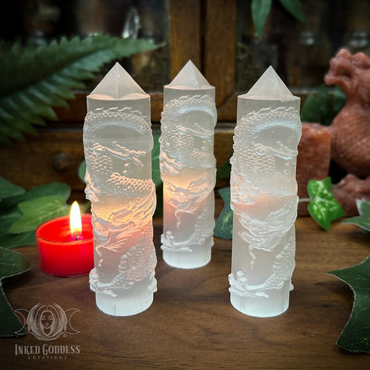 Selenite Dragon Cylinder Tower for Witches Who Take Protection Seriously