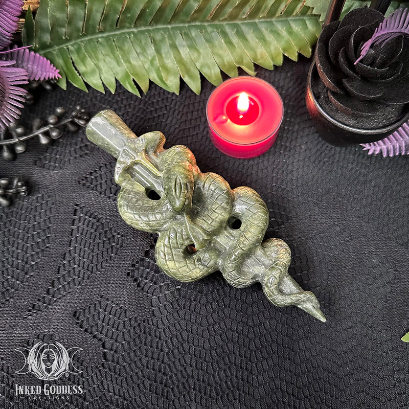Load image into Gallery viewer, Serpentine Jade Snake Athame for Banishing BS
