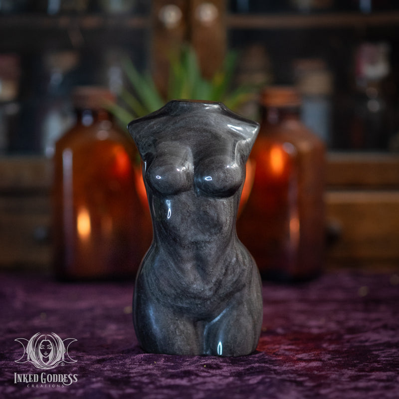 Load image into Gallery viewer, Sheen Obsidian Female Carving for Dark Divine Feminine Energy
