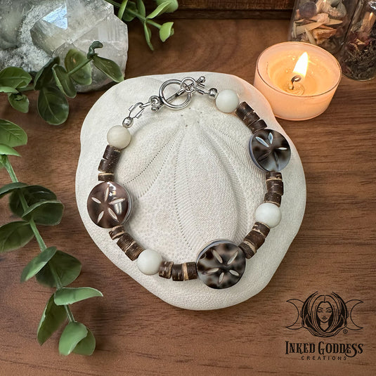 Shell Sand Dollar, White Jade, Coconut Bracelet - Handmade by Colin - One of a Kind