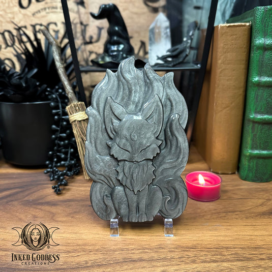 Silver Sheen Obsidian Carved Nine-Tailed Fox for Guardian Energy