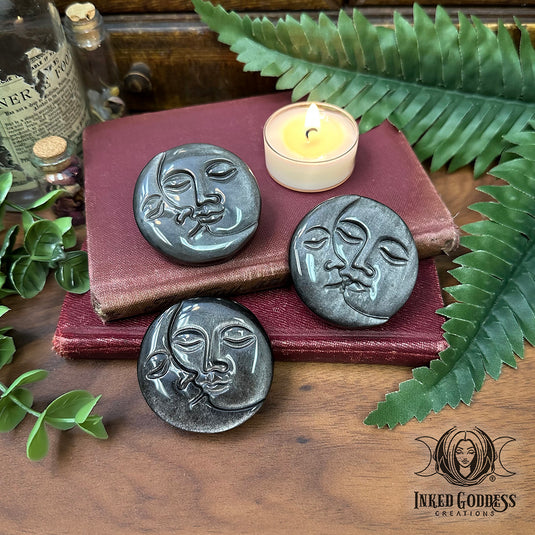 Silver Sheen Obsidian Moon Face Coin for Travel Between Worlds