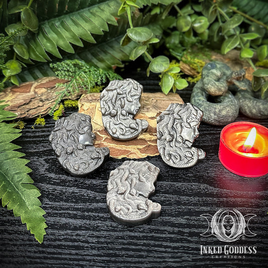Silver Sheen Obsidian Medusa Carving for Banishing Nonsense