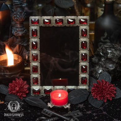 Silver & Red Rhinestone Scrying Mirror - OOAK