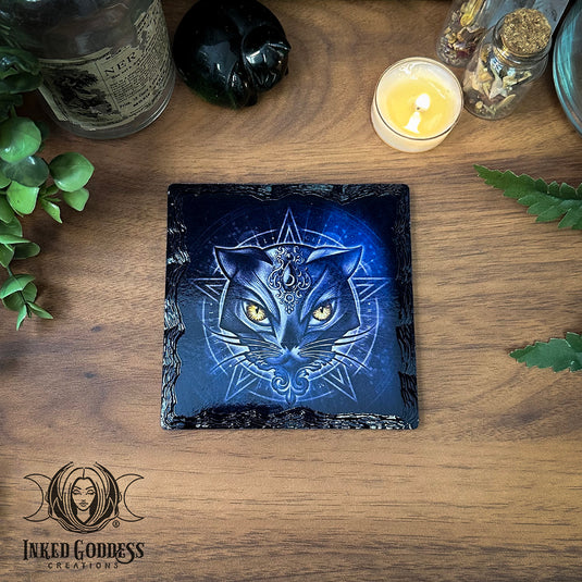 Slate Cat Alchemist Altar Tile for Protection During Spells