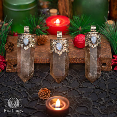 Smoky Quartz Large Point with Rainbow Moonstone Tibetan Necklace for Spirit Communication