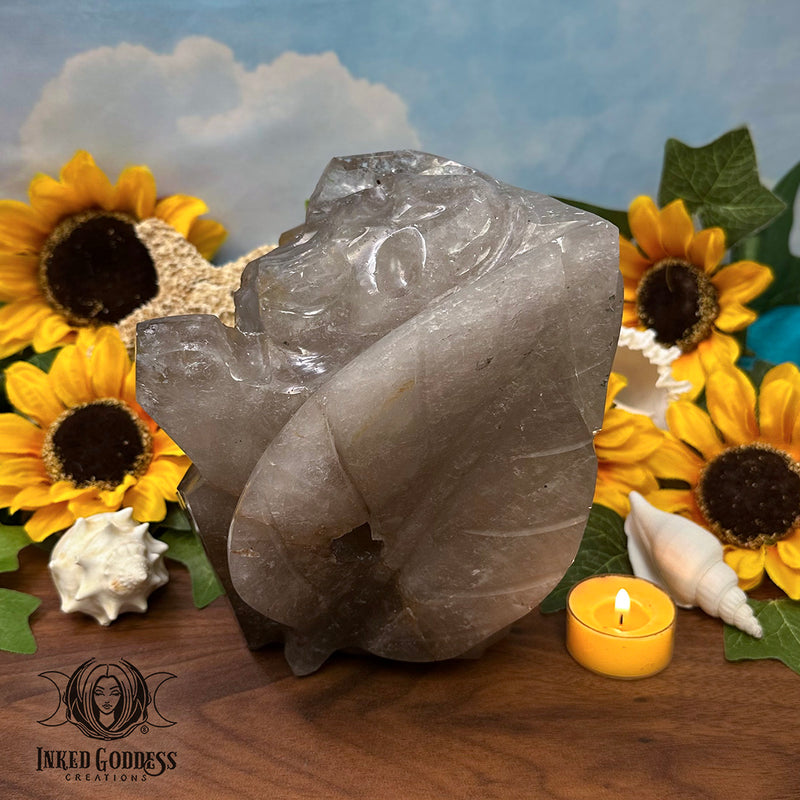 Load image into Gallery viewer, Smoky Quartz Leaf and Skull Carving for Powerful Channeling
