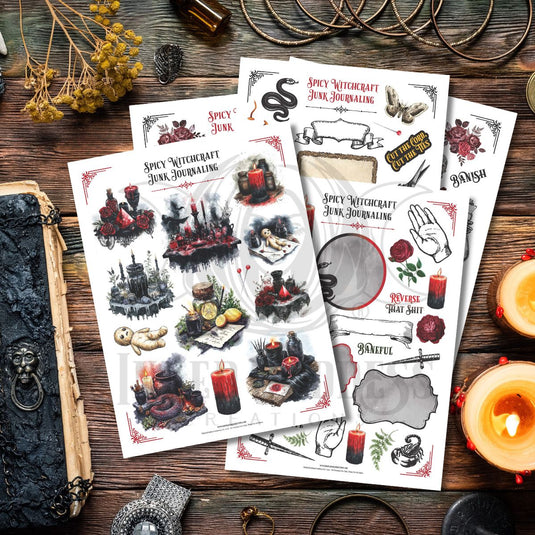 Spicy Witchcraft Junk Journaling Set PDF Download- 5 Pages, Over 90 Elements