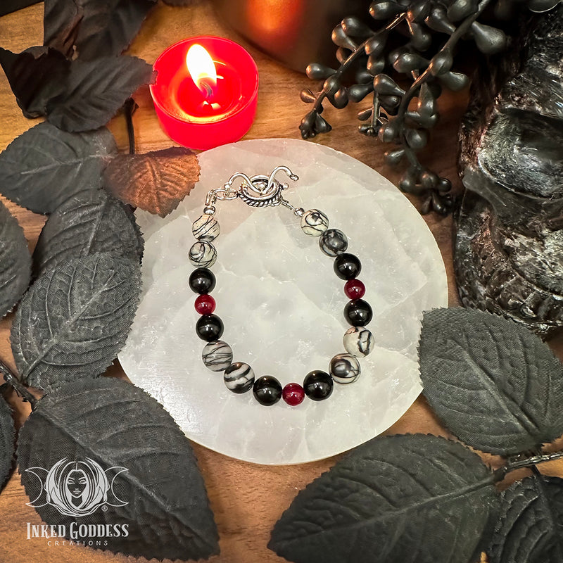 Load image into Gallery viewer, Spiderweb Jasper, Red Jade &amp; Black Tourmaline Bracelet - Handmade by Colin, One-of-a-Kind
