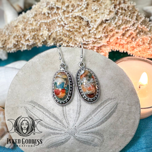 Spiny Oyster Turquoise Sterling Silver Earrings for Energy Protection & Luck
